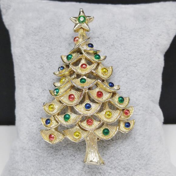 Gerry’s Christmas Tree Brooch Gold Tone Enamel Ornaments 1960s Vintage - Picture 10 of 10